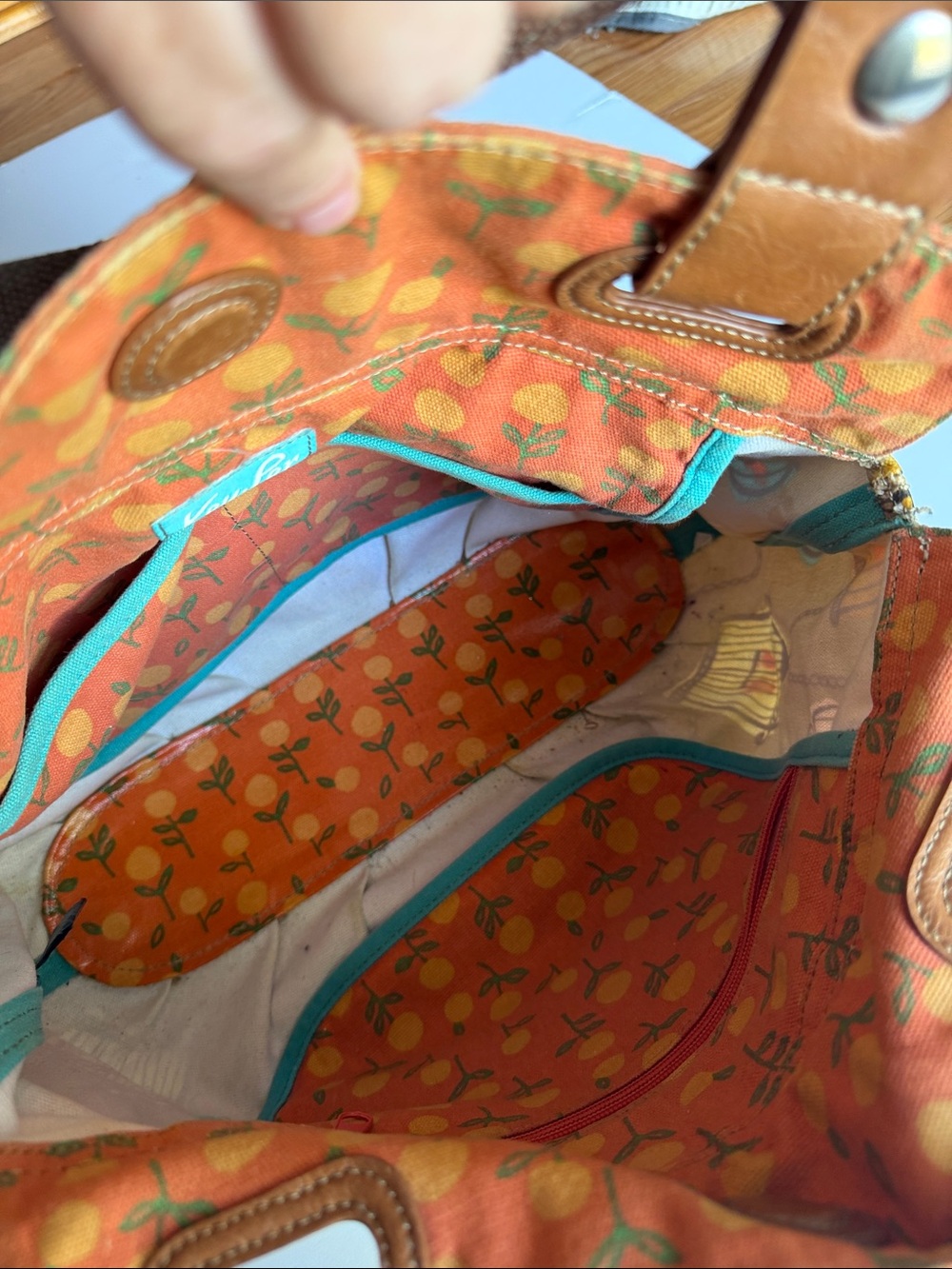 Fossil Key-per Canvas Tote Bag with Colorful Birdcage Print in Tan and Teal - Picture 5 of 9